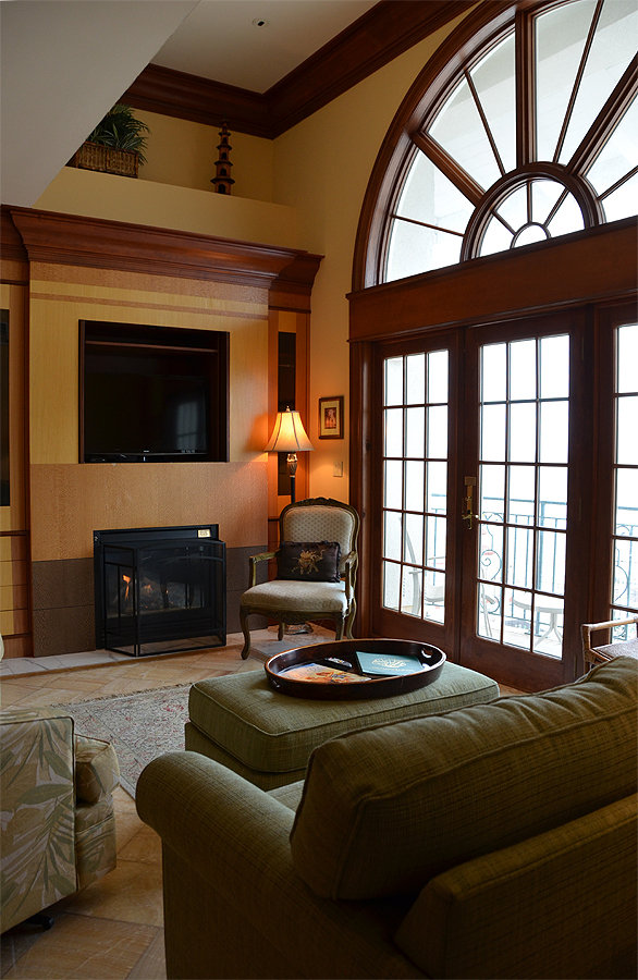 Penthouse living area; television patio view