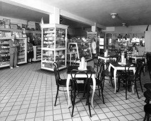 vintage black and white photo of cafe