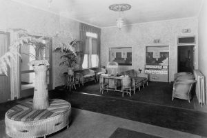 vintage black and white lobby photo