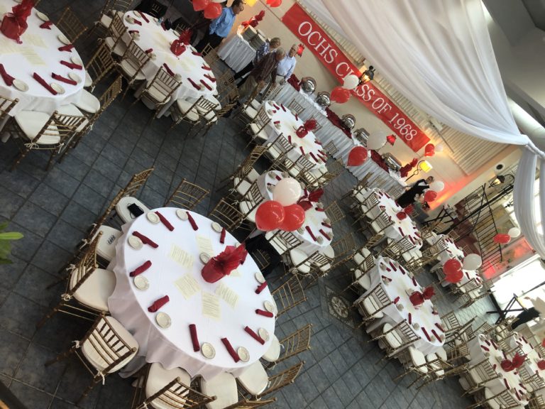 Class of 1968 reunion garden room with red and white decor