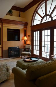 Penthouse living area; television patio view