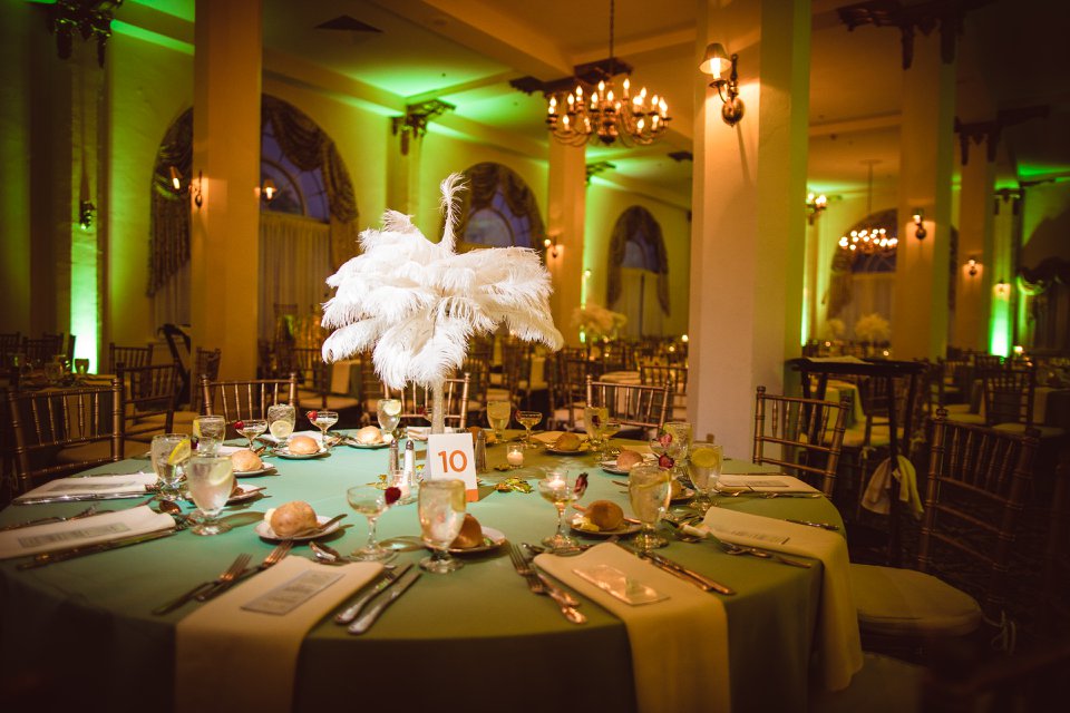 table setup with feather centerpiece