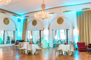 Interior of crystal ballroom; teal and pink decor